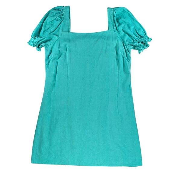 Draper James Linen Blend Puff Sleeve Mini Dress Teal Square Neck Size M - Picture 2 of 16